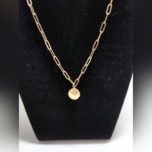 Goldtone Necklace 16" Paperclip Chain Hammered Pendant Extender Crystal Dangle